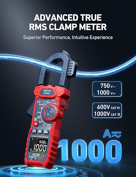 AstroAI Inrush Digital Clamp Meter Multimeter 1000A TRMS 6000 Counts, Amp Voltage Tester with VFD, LOZ Mode; Measures AC/DC Current Voltage Temperature Resistance Capacitance Frequency Continuity NCV