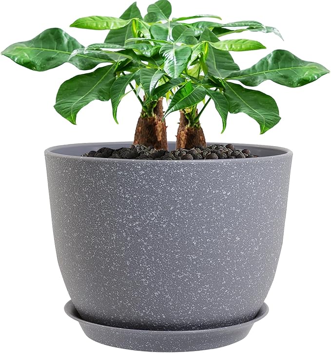 UOUZ 12inch Large Plant Pot, Modern Plastic Planter with High Driange Holes and Saucer for Indoor Outdoor Garden Plants and Flowers, Grey Speckles