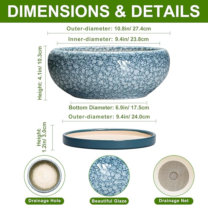 EPFamily Bonsai Pots 10 Inch - Ceramic Succulent Planters with Drainage Hole and Saucer, Succulent Pots for Indoor Outdoor, Shallow Flower Pot, Round Planter, Patio Decor, Housewarming Gifts, Blue