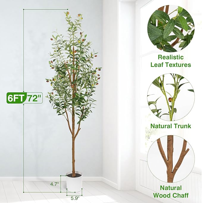 6FT Artificial Olive Tree - Indoor Tall Faux Olive Trees with Planter&Basket, Large Fake Olive Silk Tree Realistic Olive Plants with Branches and Fruits for Home Decor Office Living Room