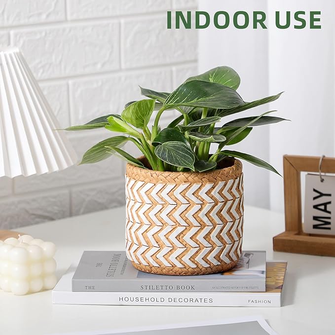 vomiceak Concrete Rattan-Style Plant Basket Planter, 5" Outdoor Indoor Plant Pots with Drainage Hole, Boho Flower Pot for Succulents, Herbs, Modern Farmhouse Decor, Ideal Gift for Plant Lovers