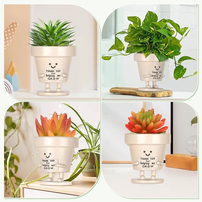 KIUGCO Funny Smiley Face Planter Pots with Drainage - Unique Cute Resin Flower Pot for Indoor Outdoor Plants Succulents Cactus Teacher Appreciation Gifts