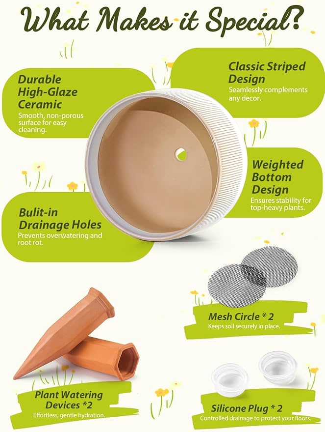 Ceramic Planters - 10+12 Inch Large Pots for Indoor & Outdoor Plants, Modern Flower Pots with Drainage Holes and Self Watering Devices, House Beige Big Plant Pot, Set of 2