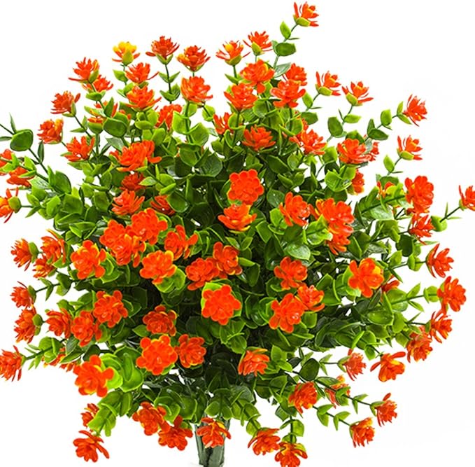 Grunyia Artificial Flowers, Fake Outdoor UV Resistant Plants Faux Plastic Greenery Shrubs Indoor Outside Hanging Planter Home Kitchen Office Wedding, Garden Decor (Orange Red)