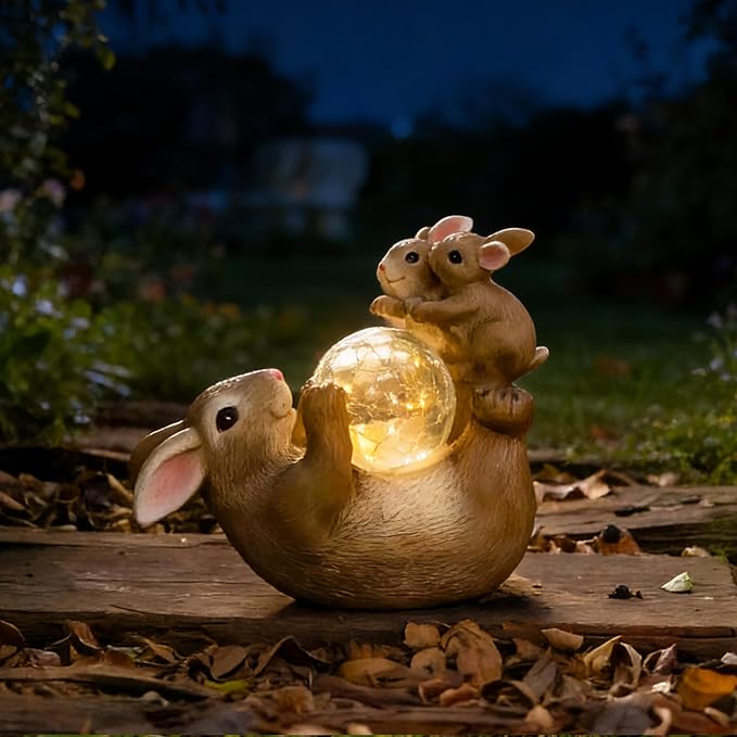 SOFFEE GARDEN Solar Bunny Lamp Playing with Ball, 10x5x9 Inch Outdoor Rabbit Decor, Whimsical Garden Statue for Lawn, Backyard & Night Landscape