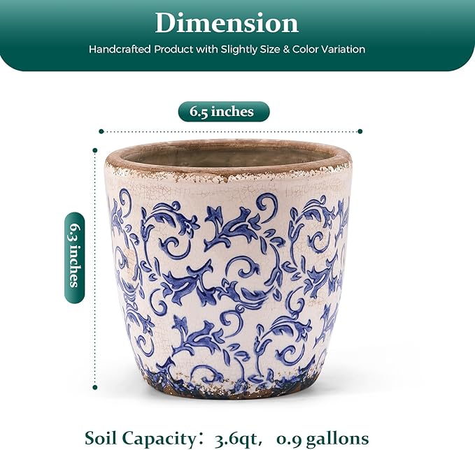 Teweiqi Vintage Ceramic Planter Without Drainage Hole, 6.5 Inch - Indoor/Outdoor Flower Pot for Orchids, Succulents, Blue Floral Rustic Farmhouse Plant Pot for Home, Office & Garden Décor, Ideal Gift