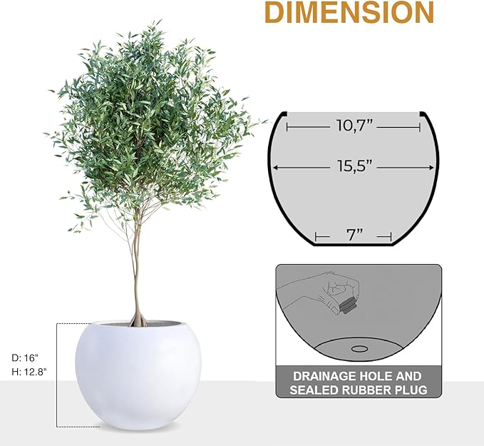 KUTE NEST 12.8" H x 16" D Globo Fiberstone Round Planter with Drainage Hole, Smooth Finishes, Weather Resistant for Indoor and Outdoor Use, Included 2 Extra Coco Mats (White, 10.7" Pot Opening)