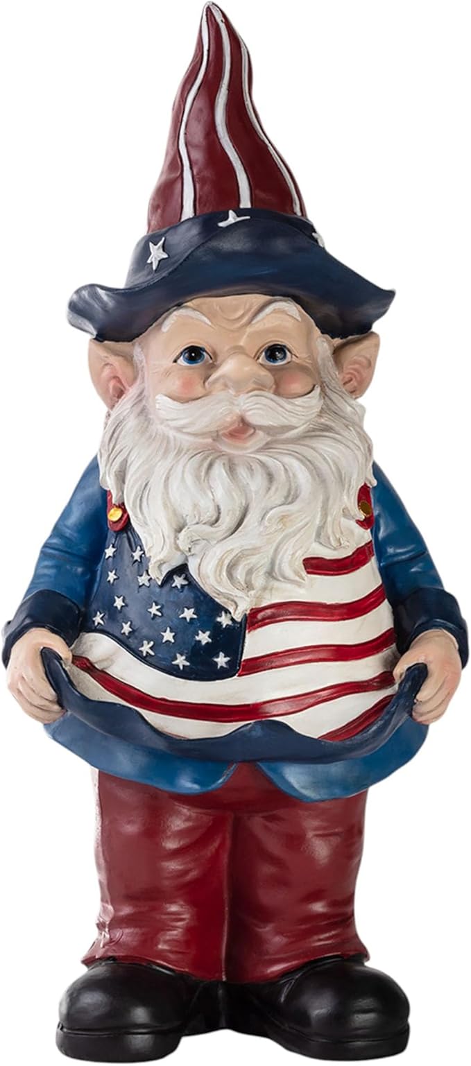 Alpine Corporation 12" Tall Outdoor Americana Garden Gnome with American Flag Bird Feeder and Yard Statue Decoration
