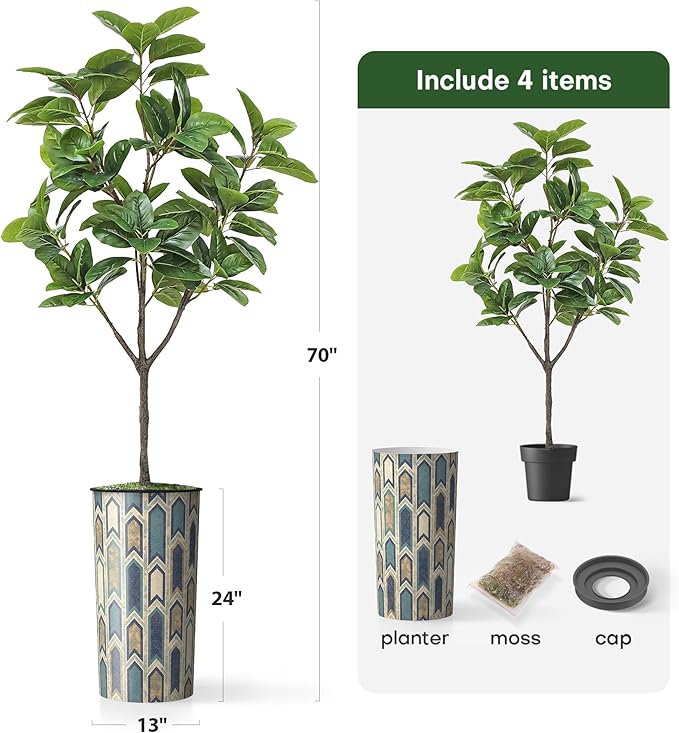 Artificial Tree in Modern Polygon Pattern Effect Planter, Fake Rubber Silk TRE for Indoor and Outdoor Home Decoration - 70" Overall Tall (Plant Pot Plus Tree)