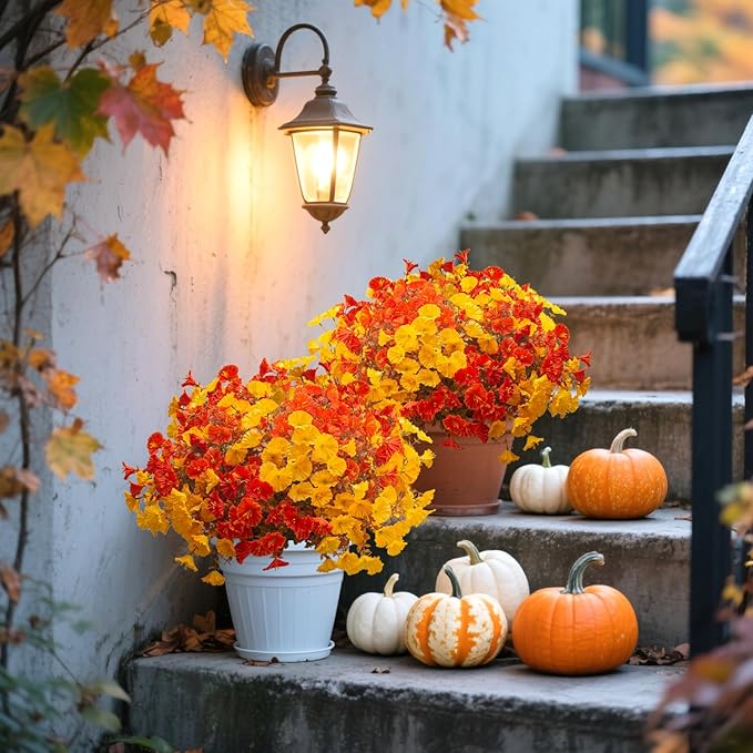 Grunyia Artificial Flowers Outdoor Fall Decor - 12 Pcs UV Resistant Fade Proof Fake Plants for Garden Porch, Thanksgiving Autumn Decorations, Waterproof for All Weather