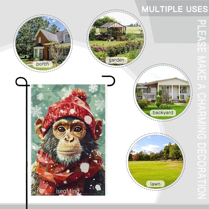 Monkey with Red Scarf and Hat Snowflake Christmas Garden Flag, 28x40 Inch Double Sided Linen Holiday Red Winter Farmhouse Yard Outdoor Decoration (4340)