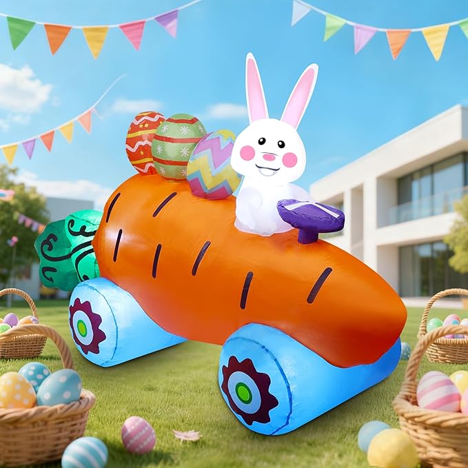 Easter Inflatables Outdoor Decorations, 6 FT Long Inflatable Bunny on Carrot Cart with Easter Eggs, Easter Blow up Yard Decorations for Indoor Outdoor Garden Lawn Holiday Party Decor