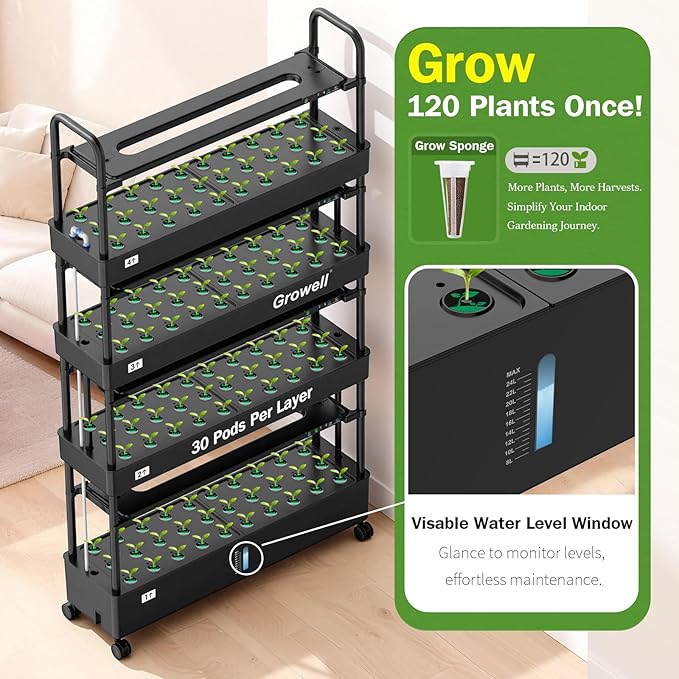 Large Hydroponics Growing System Kit, 120 Pods Vertical Indoor Herb Garden Kit with 2 Light Modes & Auto Circulating Water System, 48L Movable Indoor Gardening System for Herb Vegetable Fruit