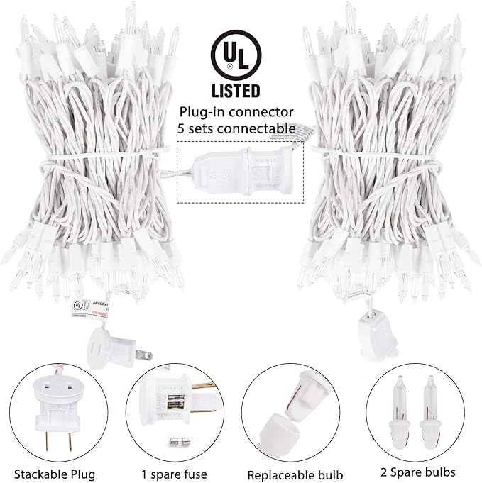 Brightown 50 Count Warm White Christmas Lights, Clear Mini Incandescent Lights on White Wire, Christmas Tree String Lights for Indoor Outdoor Decorations（12ft）