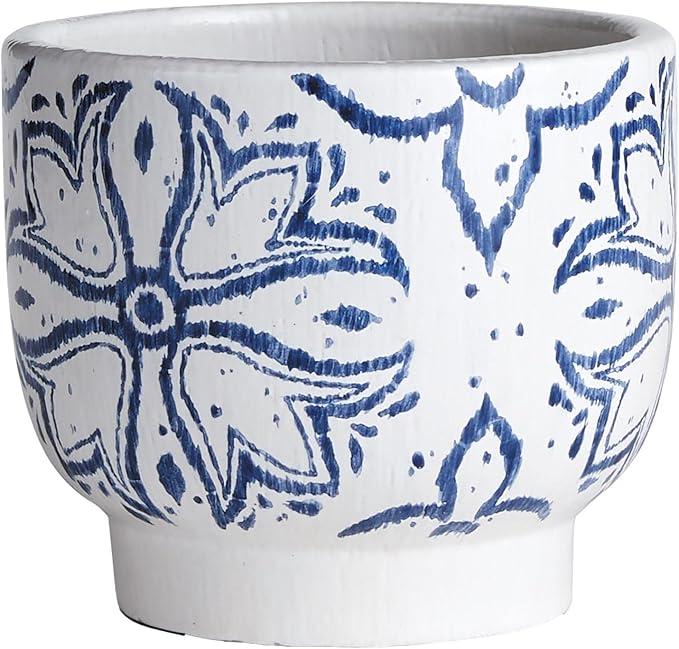 MY SWANKY HOME Mediterranean Blue White Medallion Planter Round Graphic Floret Coastal Pottery Indoor Outdoor 8 in Dia