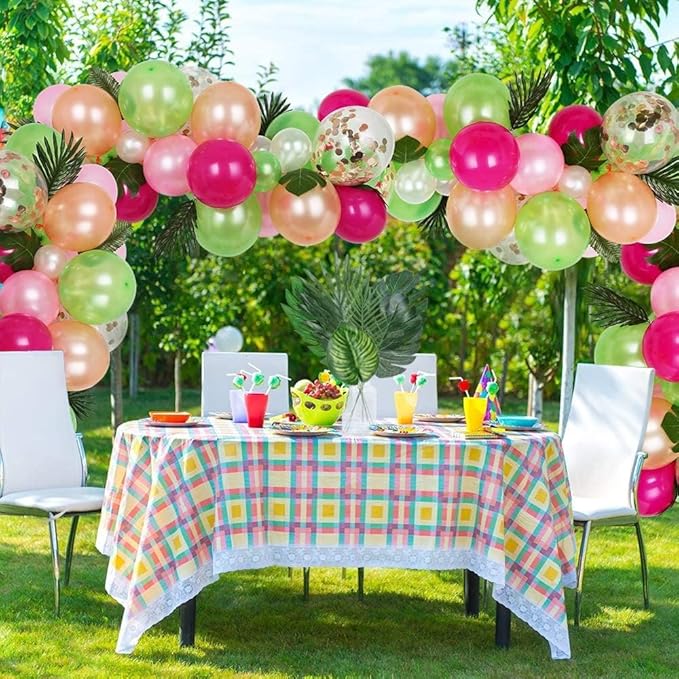 50 Pieces 7 Kinds Artificial Tropical Leaf Jungle Leaves Plant Safari Leaves Decorations Fake Palm Leaf with Stems for Hawaiian Luau Party Table Beach Birthday Wedding Theme Party Decorations