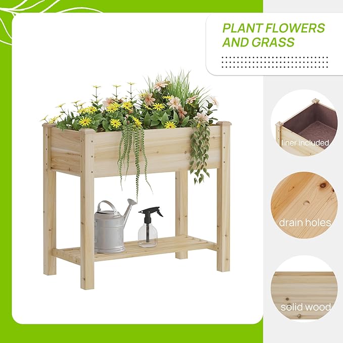 Raised Garden Bed, Planter Box with Storage Shelf, Elevated Wooden Planter Box with Legs, Garden Planter for Backyard, Patio, Balcony, Natural Wood (Natural, S)