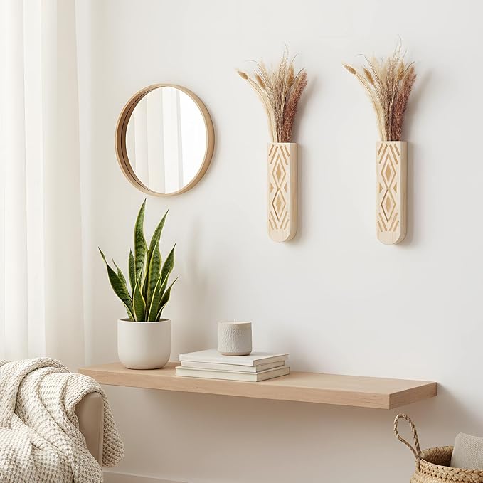 2 Pack Wooden Wall Planter Wooden Vase Set with Dried Reed Flowers Boho Wall Decor Indoor Farmhouse Decor for Entryways Hallways Bathrooms Living Rooms and Dining Rooms(Natural Wood Color)
