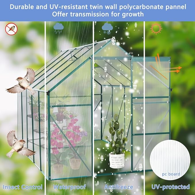 6X10FT Polycarbonate Greenhouse Raised Base and Anchor Aluminum Heavy Duty Walk-in Greenhouses for Outdoor Backyard in All Season Green