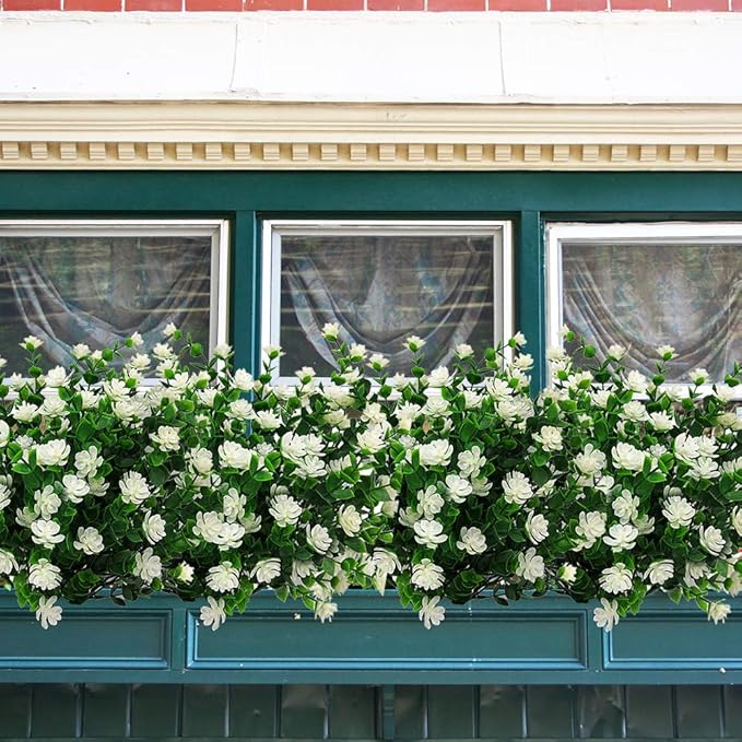 Grunyia 10 Bundles Artificial Fake Flowers, Faux Outdoor Plastic Plants UV Resistant Shrubs Outside Indoor Decorations (White-Eucalyptus)