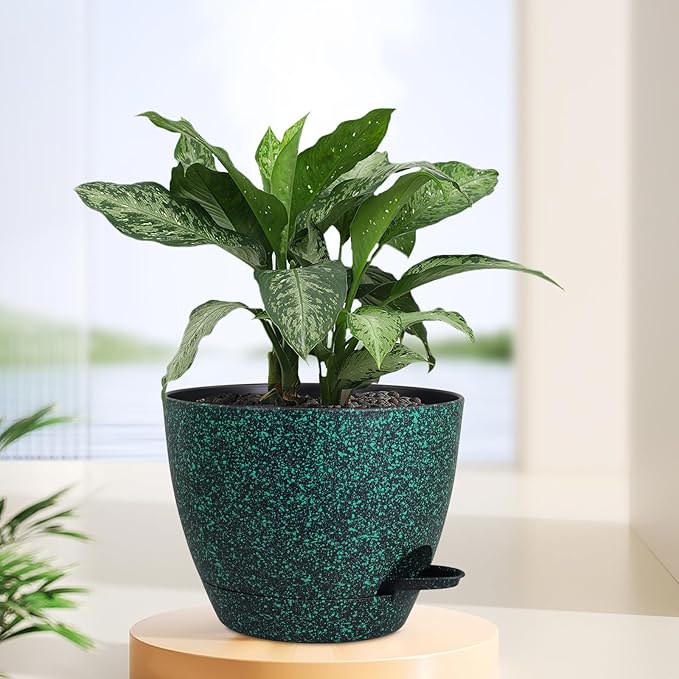 Meowell 12 inch Large Self Watering Pots for Indoor Outdoor Plants, Flower Plant Pots with Mesh Drainage Holes for Garden House Plants, Plastic Planters for Home, Black with Green Speckles