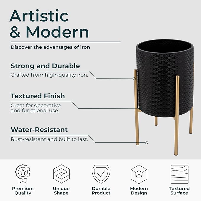 Decorative Flower Pots with Metal Stand for Home Decor - Modern Planters for Hallway, Entryway, and Living Room Decor - Indoor and Outdoor Pots for Plants - Set of 2, 23", 19", Black & Gold