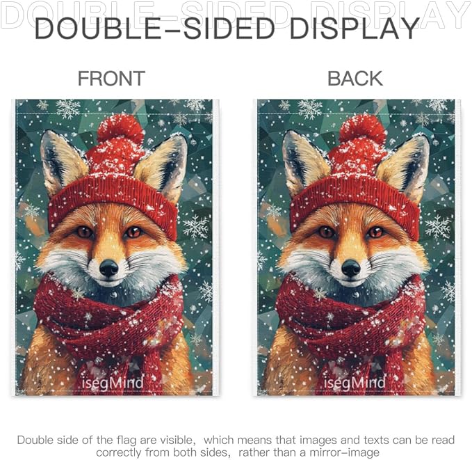 Fox with Red Scarf and Hat Snowflake Christmas Garden Flag, 28x40 Inch Double Sided Linen Holiday Red Winter Farmhouse Yard Outdoor Decoration (4324)