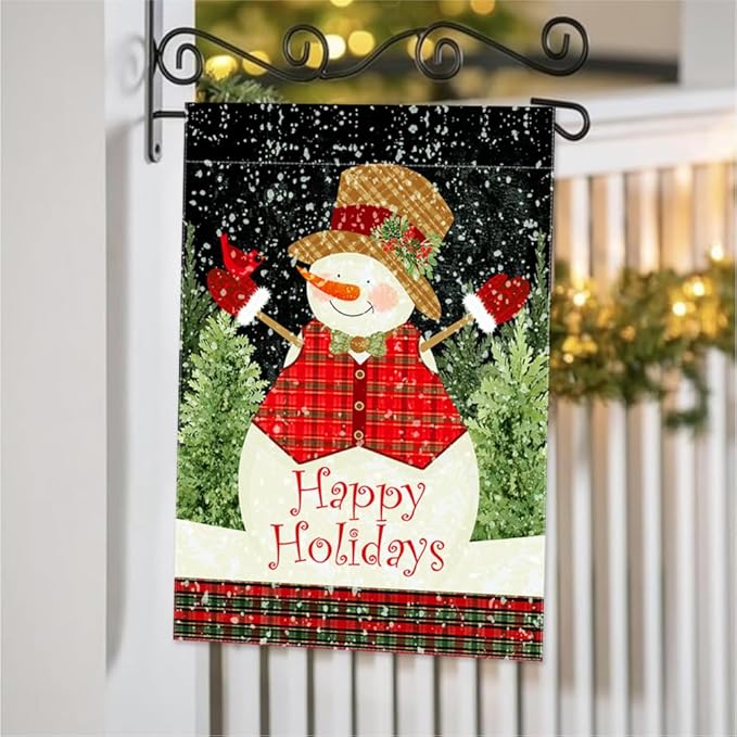 Snowman Garden Flag 12.5 x 18 Inch Double Sided Home Decor, Happy Holiday Christmas New Year House Outside Outdoor Winter Burlap Banner Yard Flag Decoration