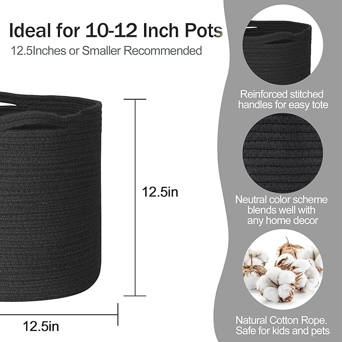 Cotton Rope Plant Basket, Woven Basket Planter for 11 inch Pot, Round Indoor Tree Pot Cover, Storage Bin Organizer, Modern Planter and Home Decor, 12.5”X12.5”, Black