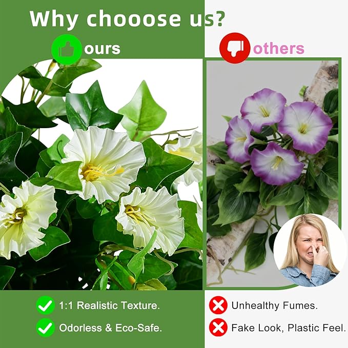 Morning Glory Artificial Hanging Flowers for Outdoors 3 Pcs Fake Petunias Flower Faux Silk Long Trailing Vines Realistic Flower for Front Door Porch Patio Balcony Garden Yard Decor (3 Pcs Beige)