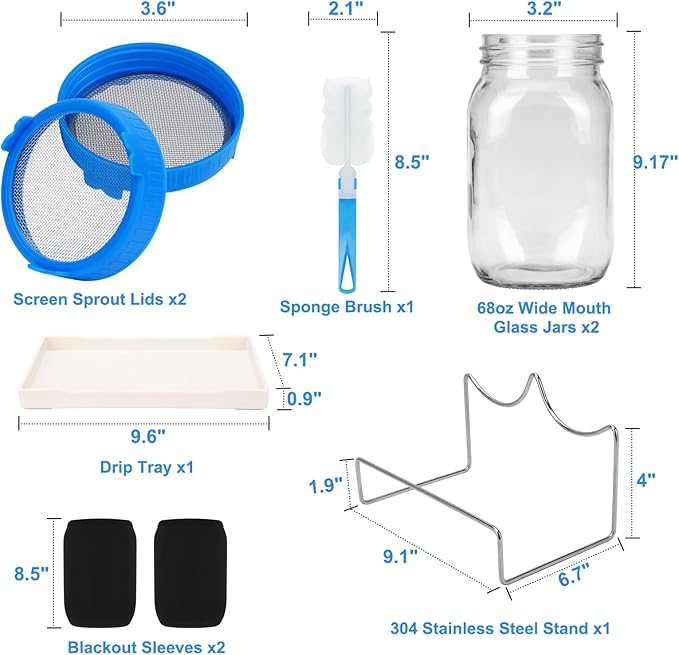  [Large Size] 68oz Sprouting Kit, 2 Sprouting Jar Kits, Wide Mouth Jar with Stainless Steel Screen Sprout Lid, 2000ml Sprouts Growing Kit, Seed Sprouter Set for Growing Broccoli, Bean, Alfalfa ﻿