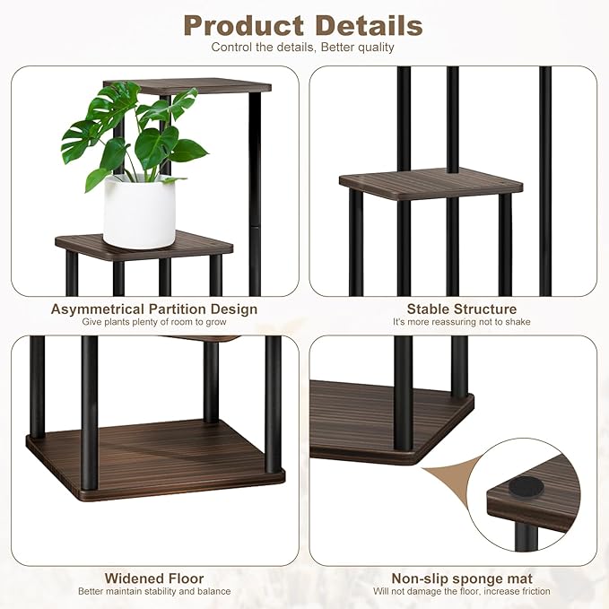 YOCOMEY 4 Tier Wood Tall Plant Stand Metal Rack Indoor, Multiple Flower Pot Holder Shelves Corner Rack, Planter Shelf Display Rack Storage Organizer for Patio Living Room Balcony Garden(Black Oak)