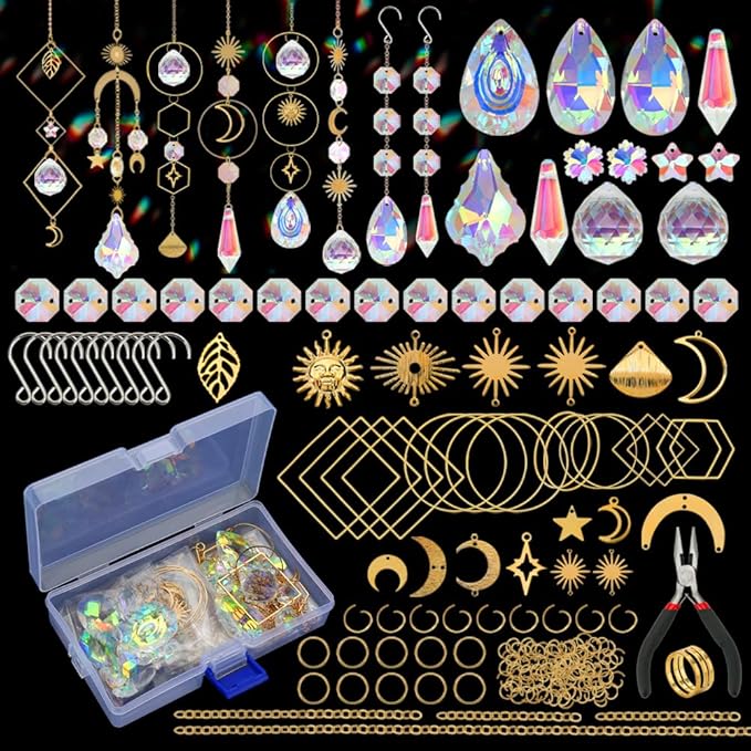 HYBEADS 200 pcs DIY Sun Catchers Making Kits Craft for Adults Crystal Suncatchers Supplies Stained Glass Window Hanging Prism Indoor Outdoor Garden Xmas Decor with Rainbow Maker Pendants Chains
