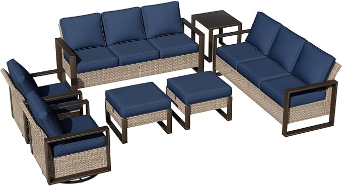 Outdoor Patio Swivel Rocker Chairs, 7 Pieces Wicker Furniture Set, 2 Swivel Rocking Chairs, 2 Sofa 2 Ottoman and 1 Table, Wide Armrest, Thick Cushions and Deep Seating for Garden, Backyard, Porch