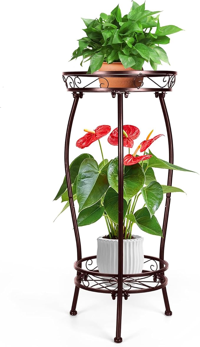 Gynyinly 2 Tier Rustproof Iron Plant Stand - Heavy Duty Outdoor Plant Stands For Patio, Balcony Or Garden Or Planter Corner - Plant Stand Indoor (Bronze)