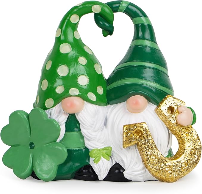 Hodao Green St. Patrick's Day Couple's Gnome 3.75" H Resin Standing Figurine for Spring-Lucky Man with Love Intertwined Home Holiday Decorations Indoor Home Decor Lucky Green Gnome