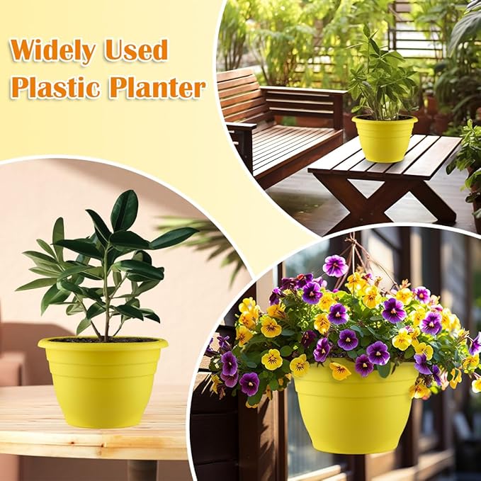 RooTrimmer 3 Pack 11 Inch Plant Pots with Drainage Hole and Plug, Durable Plastic Flower Pots for Indoor & Outdoor Plants, Elegant Mordern Plant Pots Perfect for Herbs, Flowers & Succulents, Yellow