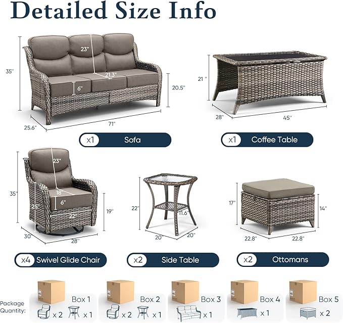 Belord Luxury 6" Thick Cushioned 10 Pieces Patio Furniture Set with Outdoor Couch, Wicker Outdoor Conversation Set with High Back Swivel Rocker Chairs for Deck Porch Yard and Poolside - Grey+Grey