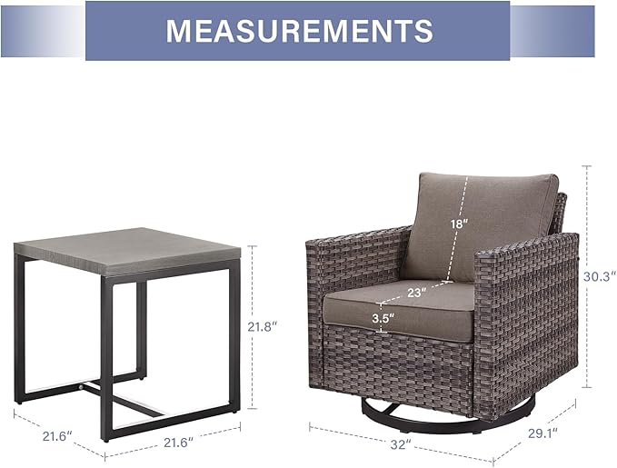 Outdoor Patio Swivel Rocker Chairs - 3 Piece Wicker Patio Furniture Bistro Swivel Rocking Chairs Set with Comfortable Cushions,Sturdy Metal Frame and Side Table for Porch Deck(Mixed Grey/Grey)