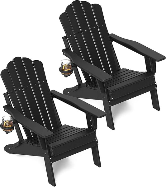 FOOWIN HDPE Adjustable Adirondack Chair Set of 2, 400lbs Heavy Duty Folding Patio Chairs with Cup Holder, 3-Position Reclining Fire Pit Seating, All-Weather Poly Lumber for Backyard, Deck-Black