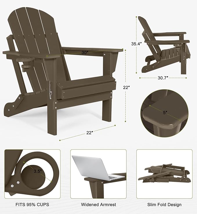 Folding Adirondack Chairs Set of 2 - Plastic Adirondack Chairs with Cup Holder, Weather Resistant for Outdoor, Patio, Lawn, Garden, Backyard Deck, Fire Pit - Dark Brown