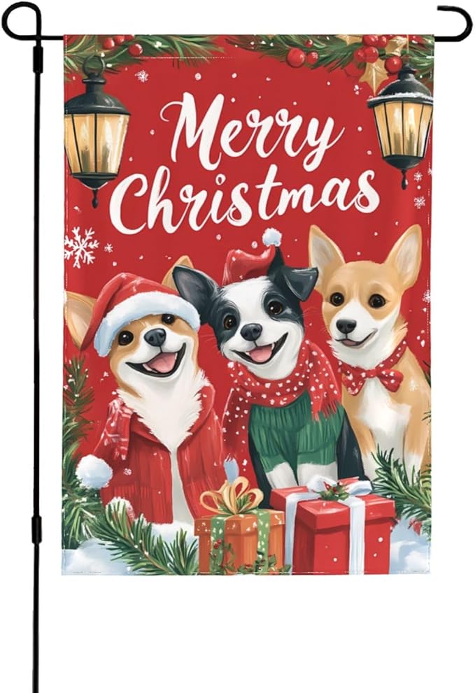 Christmas Dogs Garden Flag 12x18 Inch Double Sided All-Weather Polyester Outdoor Flag For Patio Lawn Yard And Garden Welcome Decor