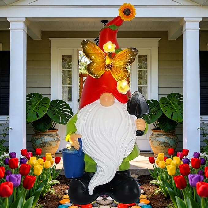 Spring Gnomes Garden Statues Decor, Solar Waterproof Large Gnome with LED Lights Funny Garden Sculptures Outdoor Patio Yard Decorations Lawn Ornaments Gifts for Women Mom