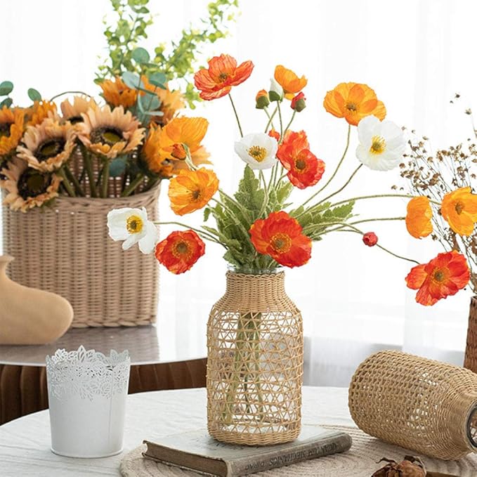 DOITOOL Rattan Vase Boho Woven Glass Vase, Country Rustic Style Wicker Floral Container, Farmhouse Flower Bottle for Floral Arrangements Housewarming Wedding Party Decoration (S+L)