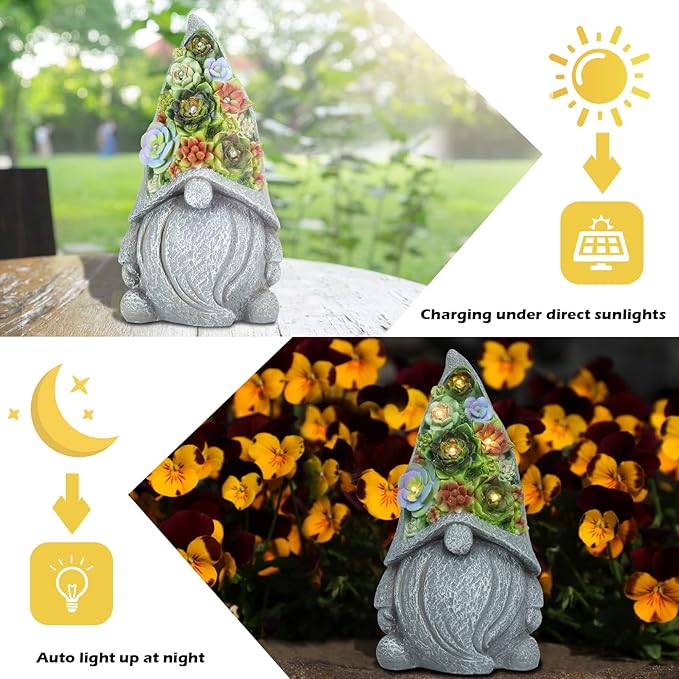 Solar Garden Statues Gnomes Figurine with Succulent and LED Lights - Garden Gnome Statues Decorations for Yard, Outside, Patio, Balcony - Gardening Housewarming Birthday Gifts