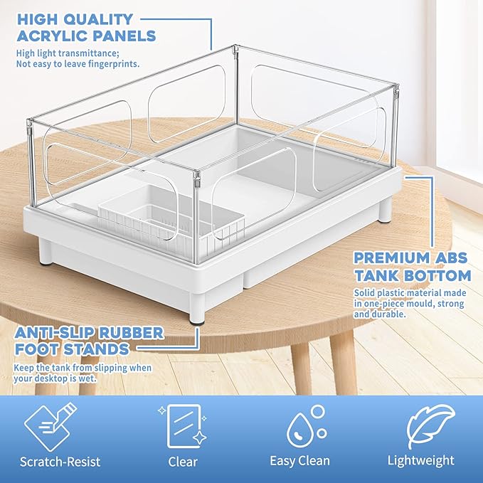 MoonOrange Small Turtle Tank, Acrylic Turtle Terrarium with Basking Platform, Bottom Drainage, Multi-Function Areas for Turtles, Crabs, Crayfish, Small Reptiles (White Tank)