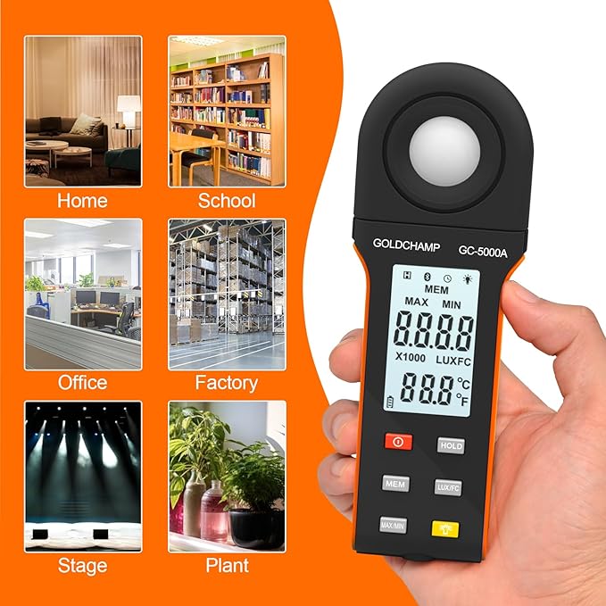 Digital Light Meter, Handheld Lux/Foot Candle Meter Range up to 400,000 Lux, 270º Rotated Sensor, Data Retention, Temp (℃/℉) with Data Logging for Plants LED Lights, Aquarium, Schools, Offices