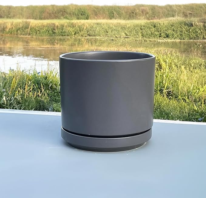 PLANTATOREM Ceramic 12 Inch Mid Modern Planter Pot with Drainage Hole and Saucer, Indoor Cylinder Round Flower Pot, Perfect for Planting Succulents, Herbs, Flowers, House Plants, Jet Grey