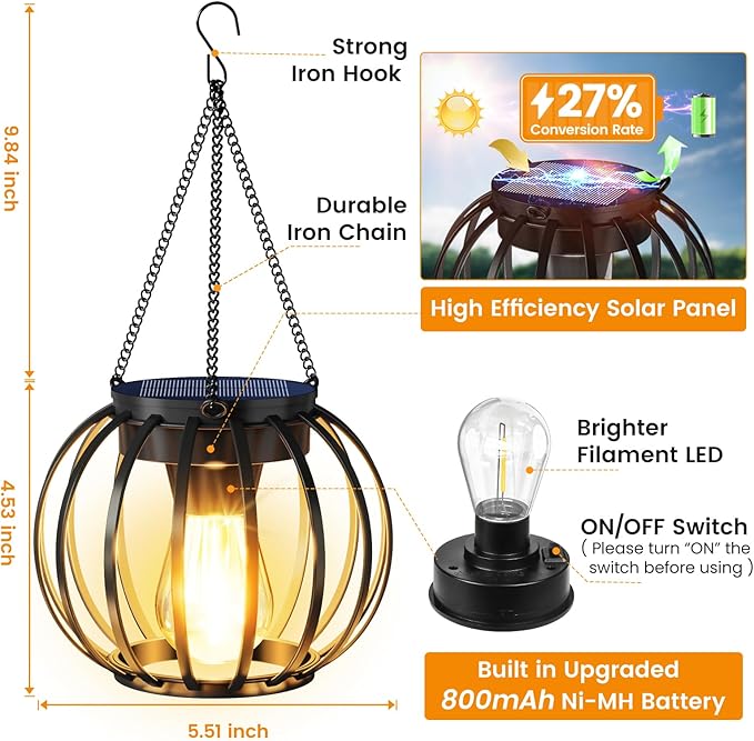 Solar Lanterns Outdoor Waterproof 4 Pack, Upgraded Metal Hanging Solar Lights for Outside with Auto On/Off & Hook - Brighter Hanging Outdoor Lanterns Decorative Lighting for Garden Patio Yard