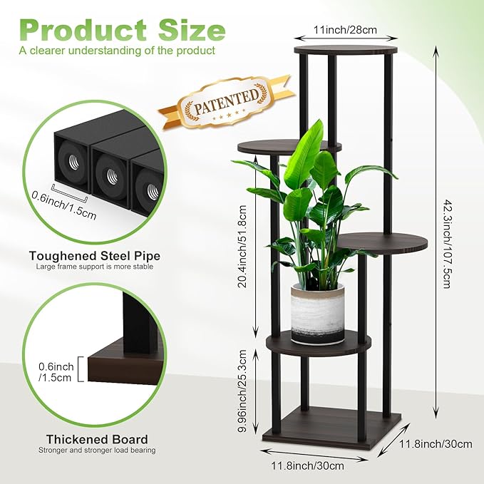 YOCOMEY 5 Tier Wood Tall Plant Stand Metal Rack Indoor, Multiple Flower Pot Holder Shelves Corner Rack, Round Planter Shelf Display Rack Storage Organizer for Patio Living Room Balcony(Black Oak)